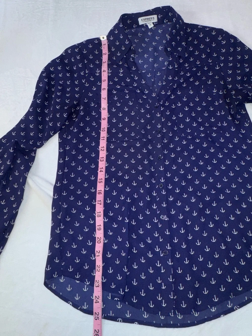 Express Portofino Navy Anchor Print Button Front Blouse Sheer Nautical Small - Picture 6 of 10